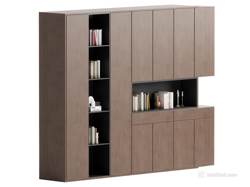 Modern Wooden Bookcase Design With Open Shelves Closed Cabinets And Storage Space 3d model 