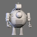 Vintage Mechanical Robot Game And Movie Character With Round Body Red Top And Yellow Eyes