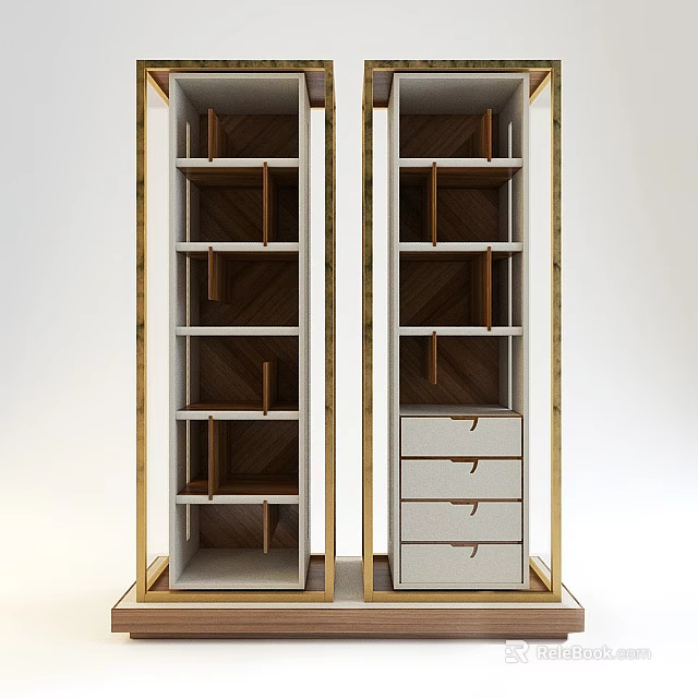Modern Double Bookcase Design With Golden Frame Wooden Shelves And Drawers 3d model 