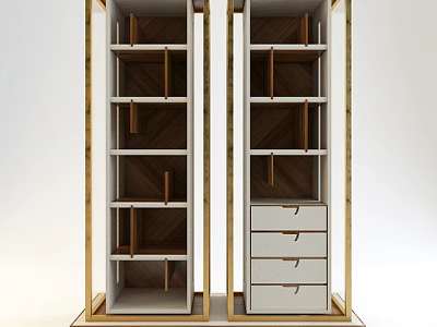 Modern Double Bookcase Design With Golden Frame Wooden Shelves And Drawers 3d model