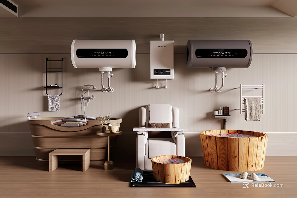 Electric Water Heaters In A Modern Bathroom Layout With Fixtures 3d model 