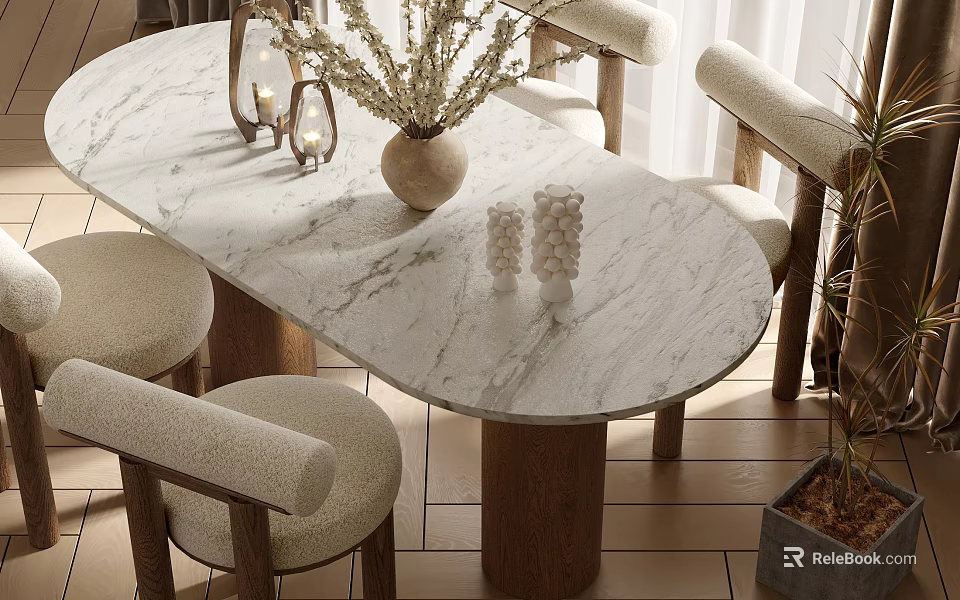 Dining Table Set with Marble Tabletop Upholstered Chairs Decorative Vase and Window Plants 3d model 