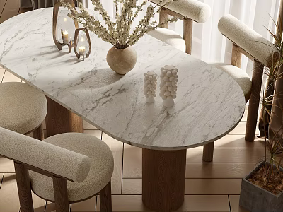 Dining Table Set with Marble Tabletop Upholstered Chairs Decorative Vase and Window Plants 3d model