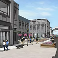 Modern Commercial Street With Pedestrians Strolling Shops Green Plants And Vibrant Atmosphere