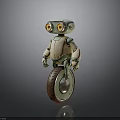 Cute Green And Beige Robot With Large Orange Eyes Riding Unicycle