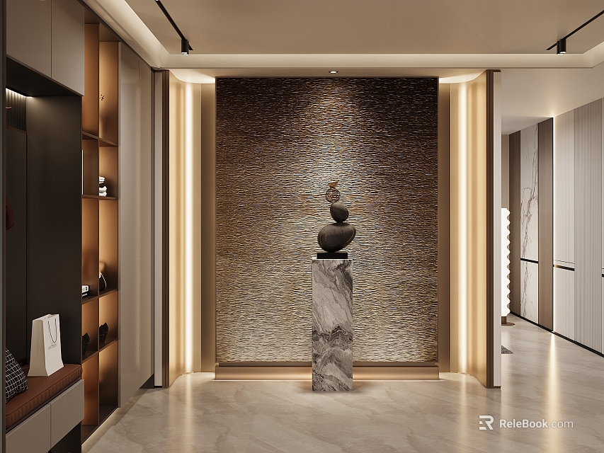 Modern Elegant Reception Area With Stone Wall Marble Pedestal Decorative Sculpture And Lighting Strips 3d model 