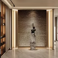 Modern Elegant Reception Area With Stone Wall Marble Pedestal Decorative Sculpture And Lighting Strips
