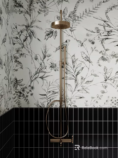 Brass Shower Fixture With Botanical Pattern Wallpaper And Black Bathroom Floor Tiles 3d model 