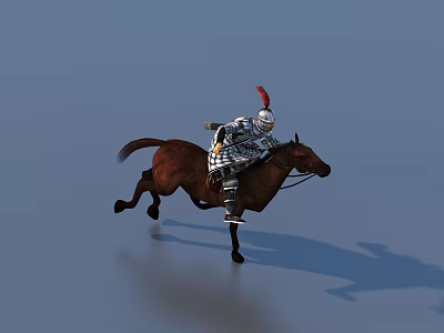 Game Movie Character Knight In Silver Armor Riding Running Brown Horse With Red Feather 3d model