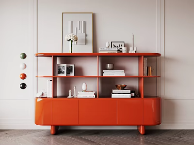Orange Bookcase With Open Shelves Books Photo Frames Vase On Light Wall Wooden Floor 3d model