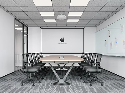 Modern Conference Room Interior Featuring Long Table Office Chairs Projector Screen And Whiteboard 3d model
