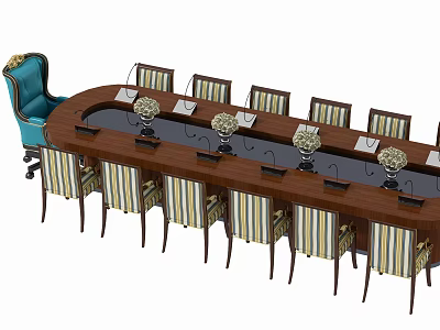 Oval Wooden Conference Table with Striped Fabric Chairs Blue Accent Chair and White Flower Vases 3d model