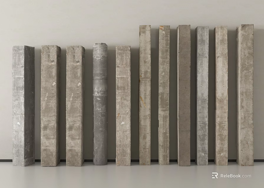 Various Textured Columns Display Concrete Stone Varieties Arranged In Row For Interior Design 3d model