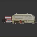 Outdoor Table Setup With Camper Trailer Red Truck Chairs Firewood And Red Bucket