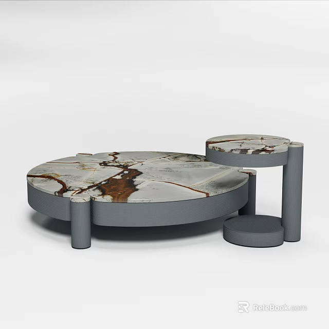 Modern Circular Marble Top Coffee Table With Gray Legs And Side Table 3d model 