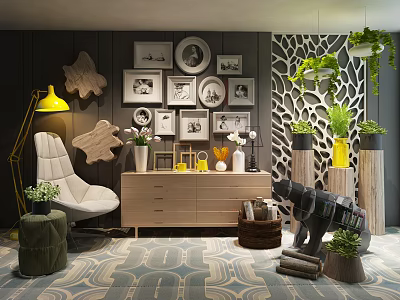 Modern Living Room TV Stand With Photo Frames Plants Rug And Yellow Decor 3d model