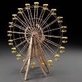 Classic Ferris Wheel Amusement Park Ride With Golden Cabins And Metal Structure