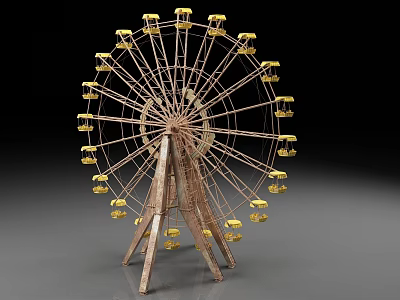 Classic Ferris Wheel Amusement Park Ride With Golden Cabins And Metal Structure 3d model