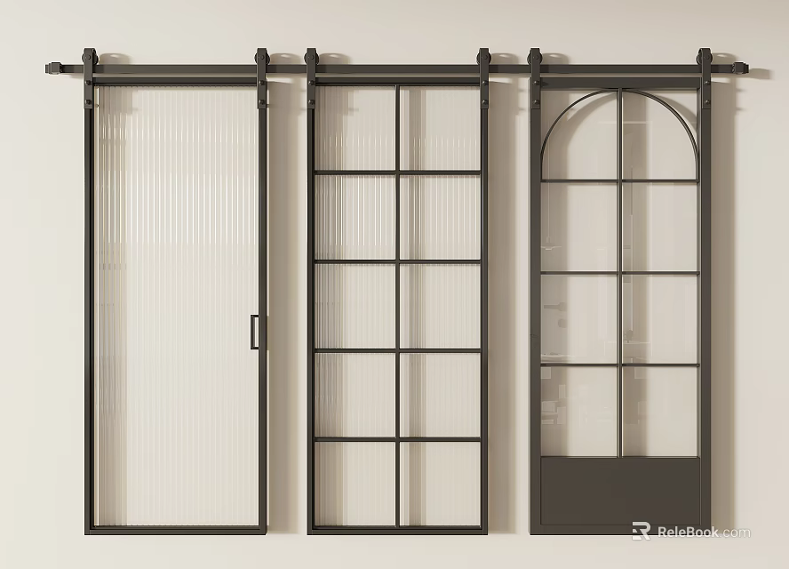 Stylish Sliding Glass Doors Featuring Different Designs Black Frames Ribbed Grid And Arched Glass 3d model 