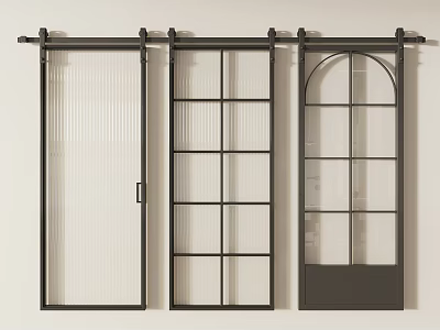 Stylish Sliding Glass Doors Featuring Different Designs Black Frames Ribbed Grid And Arched Glass 3d model