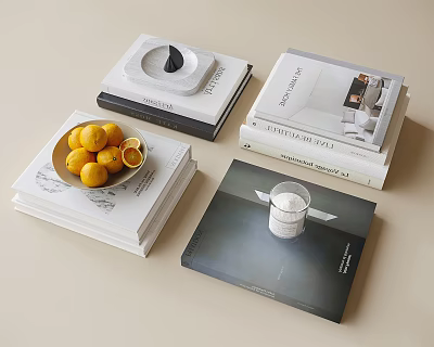 Stacked Books and Magazines with Minimalist Covers and Lemon Bowl on Beige Surface 3d model