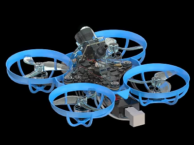 Blue Quadcopter Drone With Protective Guards And Rotating Propellers 3d model