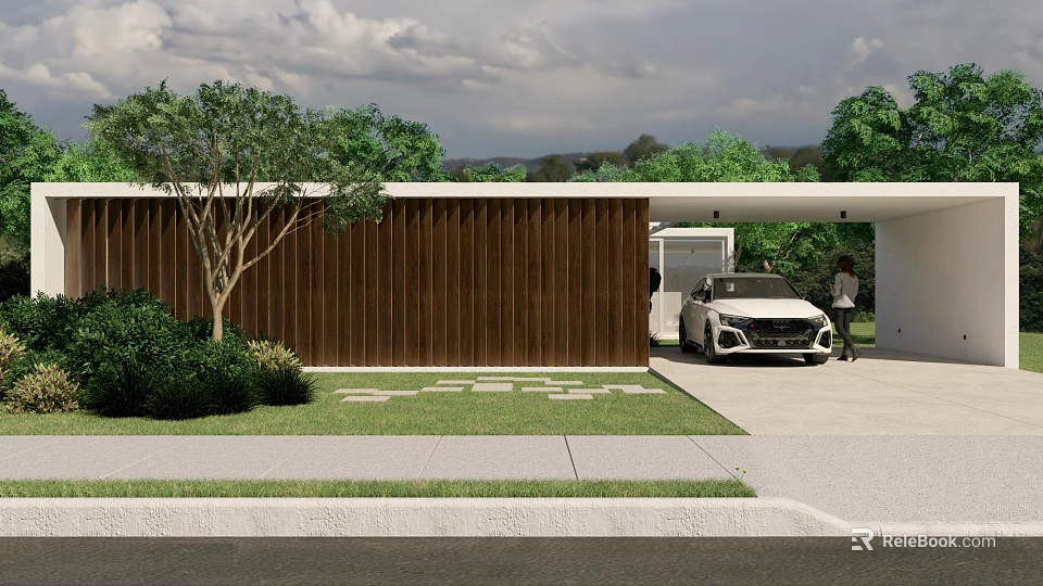 Modern Sales Office Building With Wooden Facade Lush Greenery And Car At Entrance Driveway 3d model 