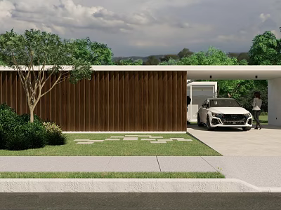 Modern Sales Office Building With Wooden Facade Lush Greenery And Car At Entrance Driveway 3d model