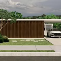 Modern Sales Office Building With Wooden Facade Lush Greenery And Car At Entrance Driveway