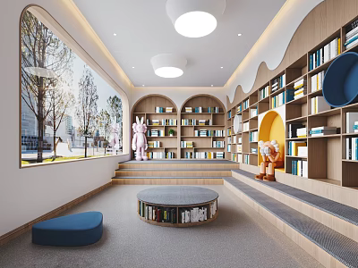 Artistic Children's Library Interior With Shelves Large Window And Seating 3d model