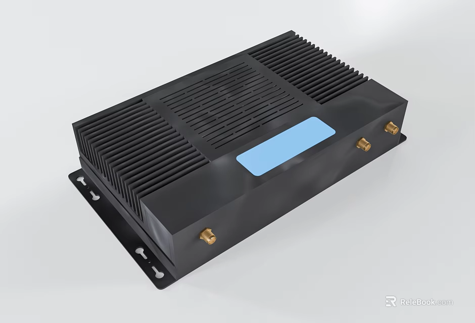 Black Commercial Equipment With Heat Sink Blue Label And Gold Connectors 3d model 