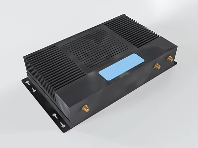 Black Commercial Equipment With Heat Sink Blue Label And Gold Connectors 3d model