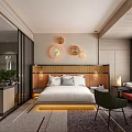 Hotel Guest Room With White Bed Linens Three Circular Wall Decor And Wooden Headboard