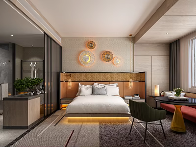 Hotel Guest Room With White Bed Linens Three Circular Wall Decor And Wooden Headboard 3d model