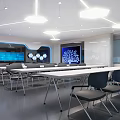 Modern Meeting Room Interior With Long Tables Black Chairs And Large Screen