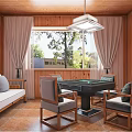 Traditional Chinese Living Room Interior With Wooden Structure Chandelier Coffee Table And Sofa