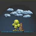 Crystal Ball Scene With Clouds Green Tree Small House And Blue Water