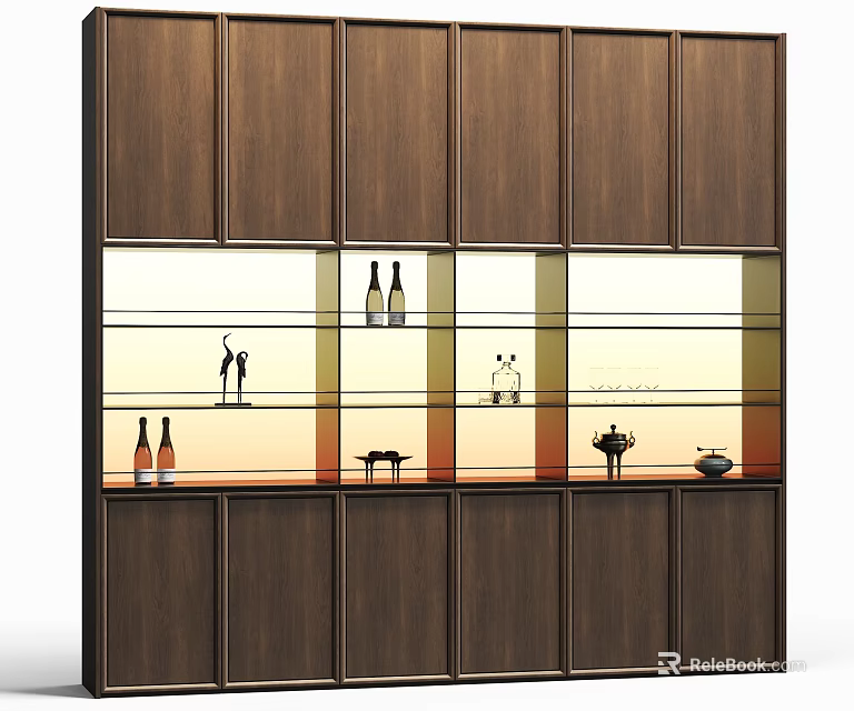 Modern Wooden Decorative Cabinet With Glass Doors Shelves And Wine Bottles 3d model 