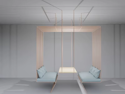 Modern Wooden Pergola With Blue Seats Central Table And Minimalist Design Elements 3d model