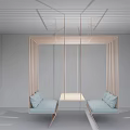 Modern Wooden Pergola With Blue Seats Central Table And Minimalist Design Elements