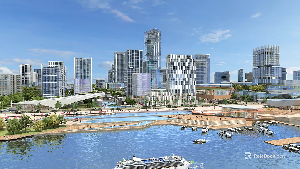 Modern City Waterfront Scenery with Tall Skyscrapers Blue Sky and Boats on Water 3d model 