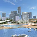 Modern City Waterfront Scenery with Tall Skyscrapers Blue Sky and Boats on Water