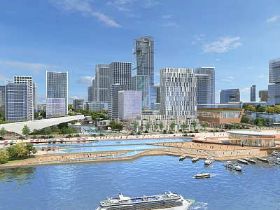 Modern City Waterfront Scenery with Tall Skyscrapers Blue Sky and Boats on Water 3d model