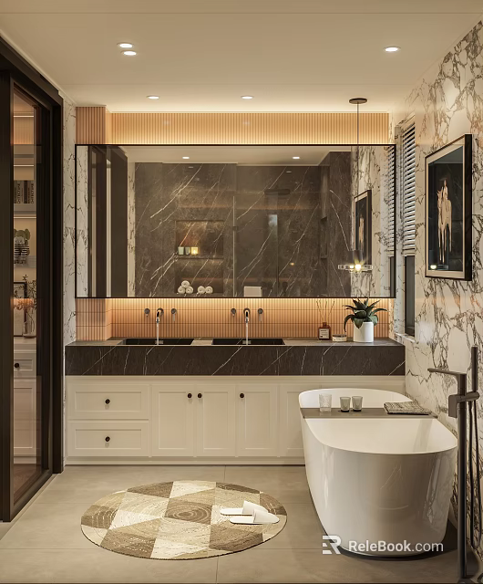 Modern Bathroom Interior With Large Mirror Marble Countertop Double Sinks And White Bathtub 3d model 