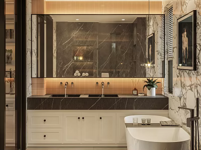 Modern Bathroom Interior With Large Mirror Marble Countertop Double Sinks And White Bathtub 3d model