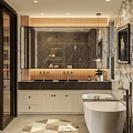 Modern Bathroom Interior With Large Mirror Marble Countertop Double Sinks And White Bathtub