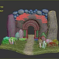 Scenic Stone Archway Surrounded by Rocks Green Vines and Pathway with Grass and Crystals