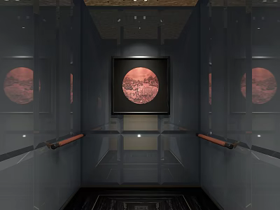 Glass Elevator Interior With Red Circular Decorations Black Frame And Wooden Ceiling 3d model