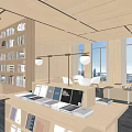 Modern Book Art Space with Wooden Bookshelves Books Natural Light Windows Benches and Plant