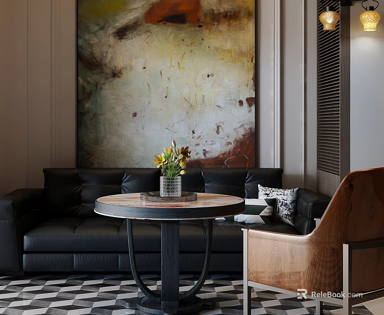 Elegant Modern Hotel Public Lounge Interior With Round Coffee Table Black Sofa And Large Artwork 3d model 